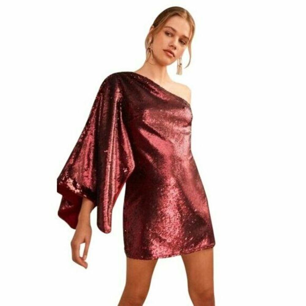 Keepsake No Signs Dress S Berry Sequin One Shoulder Mini Shift  New
